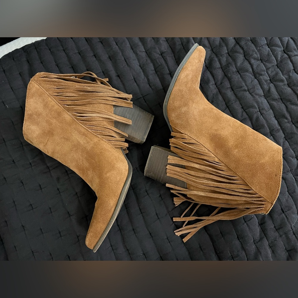 Fringe Suede Ankle Boots - Tan